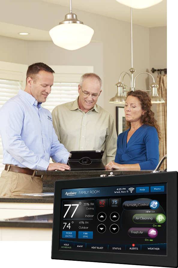 Three people looking at thermostat