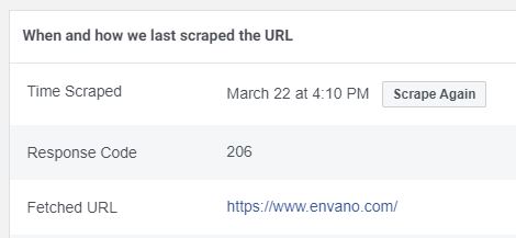 Image showing how to clear open graph cache displaying when and how we last scraped the url