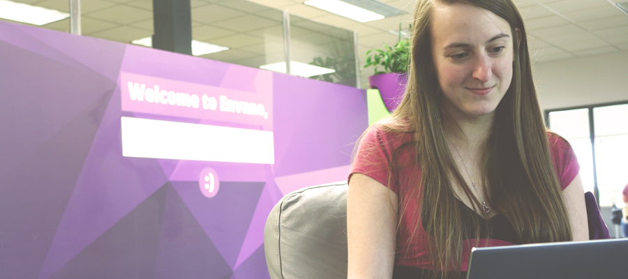 Jessica, working on her laptop in the Envano office