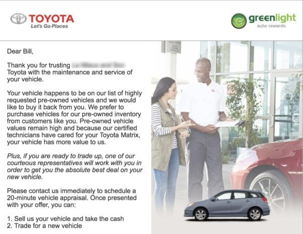 Email from Toyota requesting trading in a vehicle 