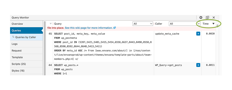 Image of Query Monitor. Sort by time to find slow SQL queries.