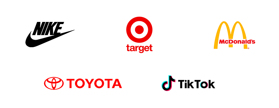 Logo examples of Nike, Target, McDonald's, Toyota, and TikTok. These brands all have an established brand identity. 