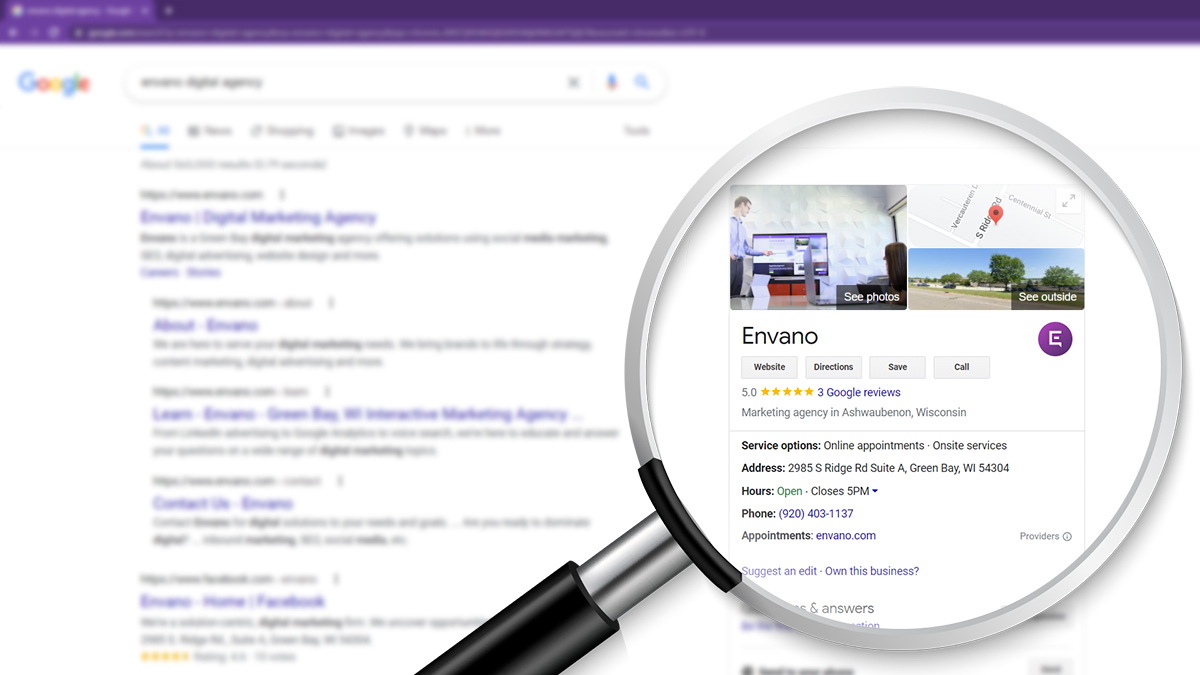 Magnifying glass highlighting Envano's Google Business Profile
