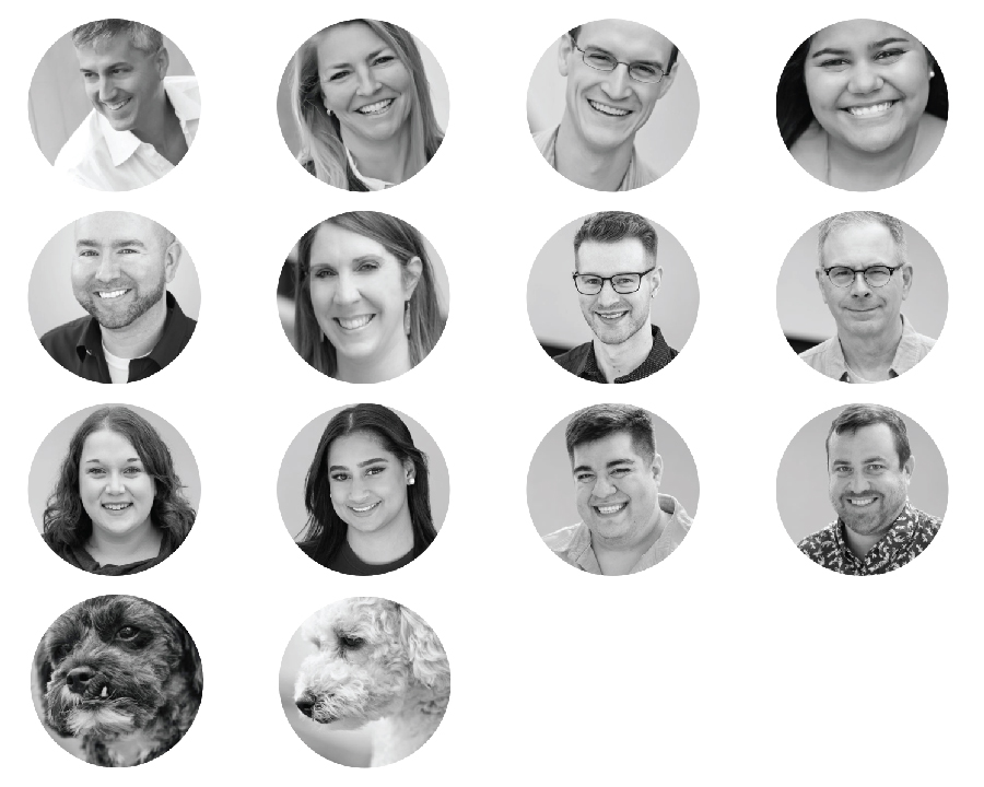 Black and white circular images of envano employees
