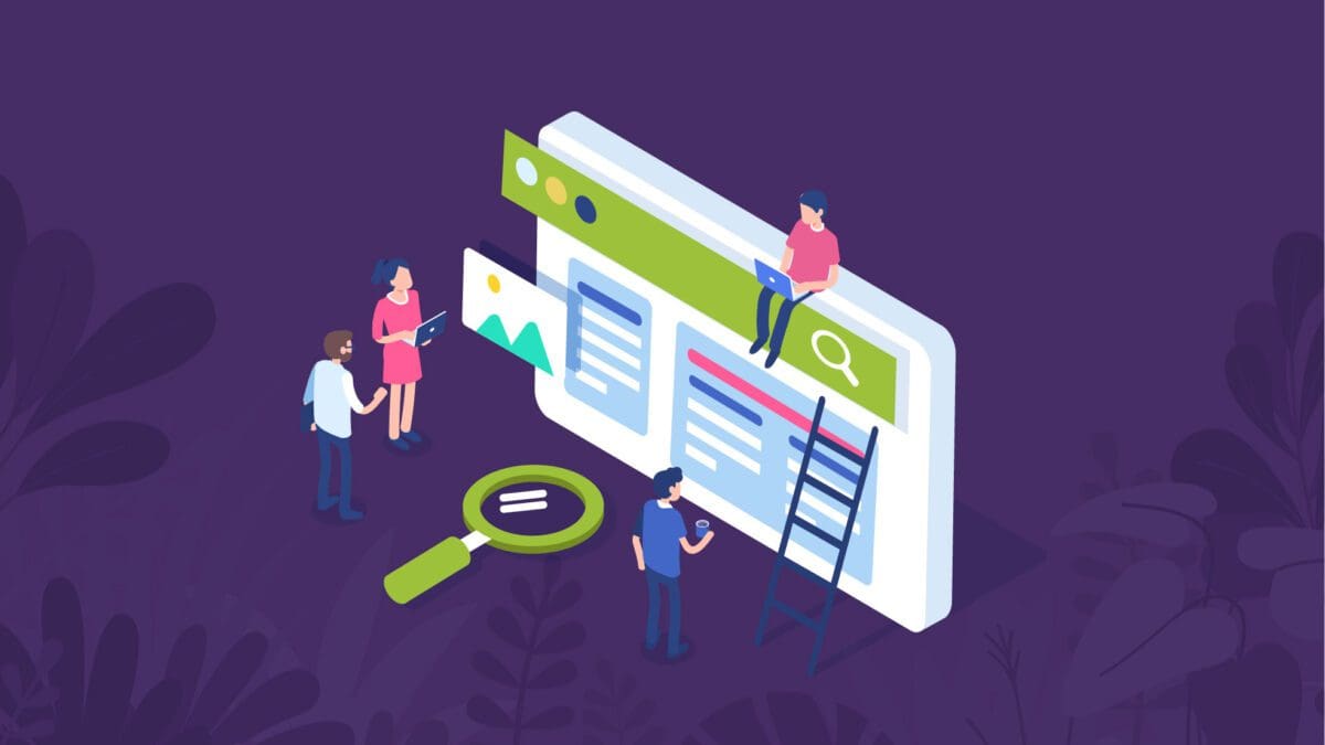 Cartoon people building SEO on a website.